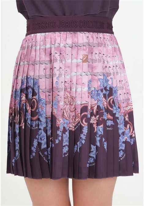 Short purple skirt for women characterized by the Swan Lake print VERSACE JEANS COUTURE | 77HAE8P1NS533459